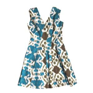 Jones New York Cotton Teal Brown Ikat Print‎ V-Neck Fit Flare Dress Size 10